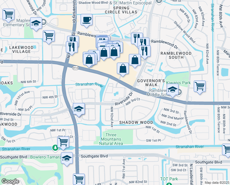 map of restaurants, bars, coffee shops, grocery stores, and more near 9000 West Atlantic Boulevard in Coral Springs