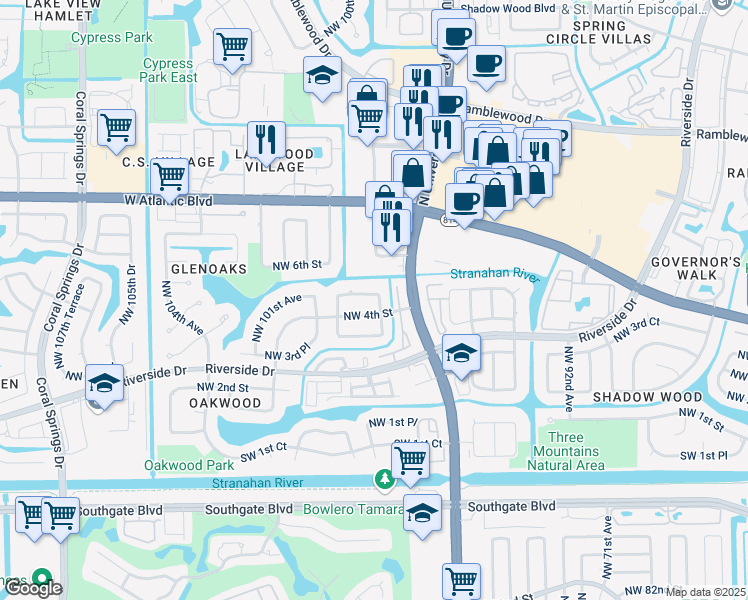 map of restaurants, bars, coffee shops, grocery stores, and more near 411 Northwest 97th Lane in Coral Springs