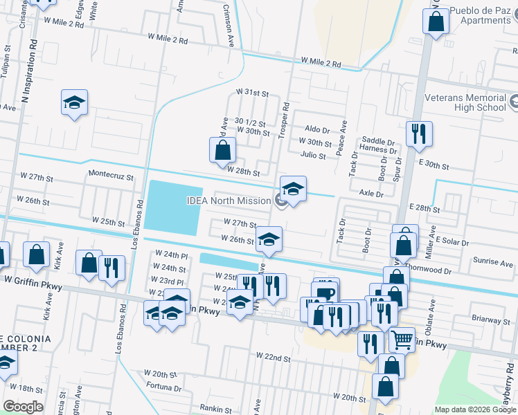 map of restaurants, bars, coffee shops, grocery stores, and more near 805 West Solar Drive in Mission