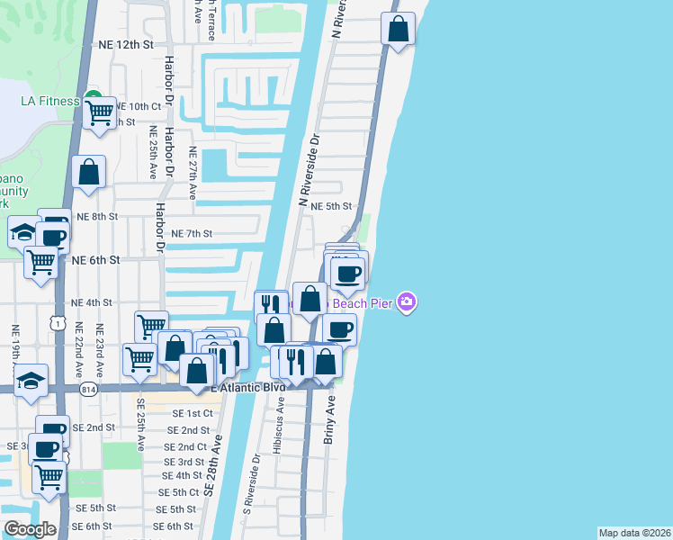 map of restaurants, bars, coffee shops, grocery stores, and more near 3460 Northeast 3rd Street in Pompano Beach