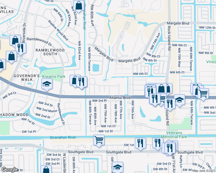 map of restaurants, bars, coffee shops, grocery stores, and more near 601 Northwest 78th Avenue in Margate
