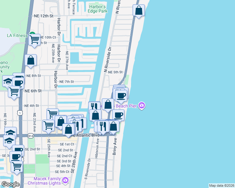map of restaurants, bars, coffee shops, grocery stores, and more near 305 North Pompano Beach Boulevard in Pompano Beach