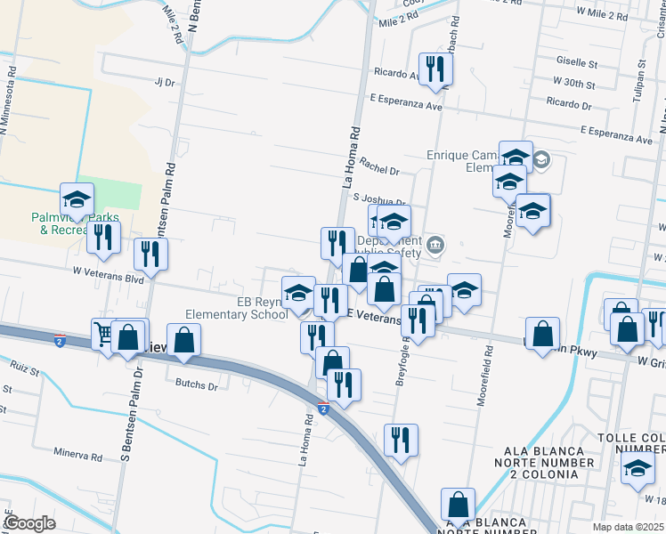 map of restaurants, bars, coffee shops, grocery stores, and more near 933 Paula Street in Palmview