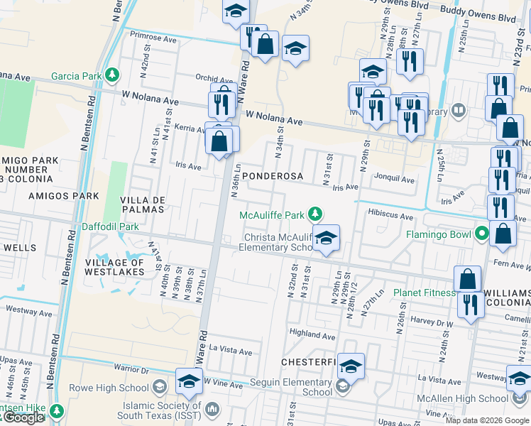 map of restaurants, bars, coffee shops, grocery stores, and more near 3413 Fern Avenue West in McAllen