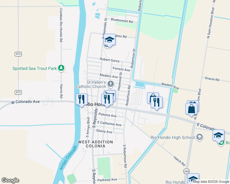 map of restaurants, bars, coffee shops, grocery stores, and more near 317 South Heywood Street in Rio Hondo