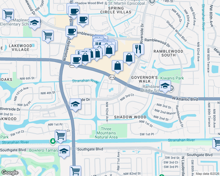 map of restaurants, bars, coffee shops, grocery stores, and more near 9000 West Atlantic Boulevard in Coral Springs