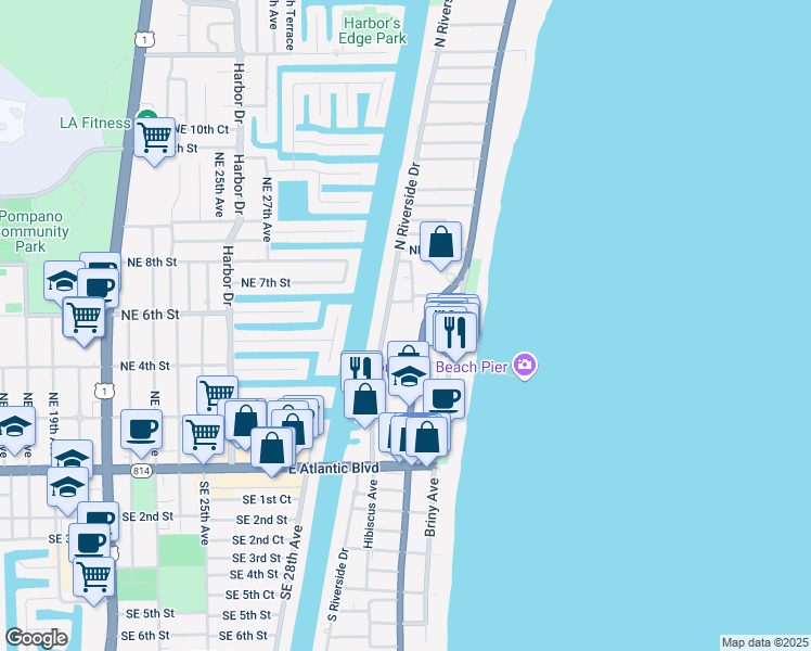 map of restaurants, bars, coffee shops, grocery stores, and more near 201 Florida A1A in Pompano Beach