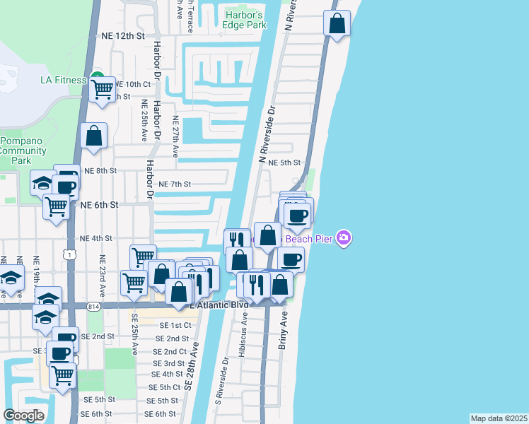 map of restaurants, bars, coffee shops, grocery stores, and more near 201 Jimmy Buffett Memorial Highway in Pompano Beach