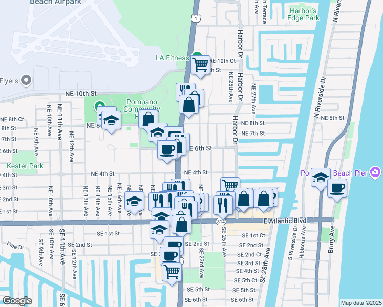 map of restaurants, bars, coffee shops, grocery stores, and more near 420 Northeast 22nd Avenue in Pompano Beach