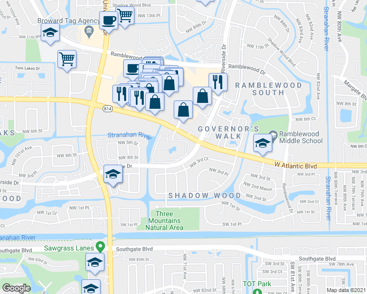 map of restaurants, bars, coffee shops, grocery stores, and more near 9000 West Atlantic Boulevard in Coral Springs