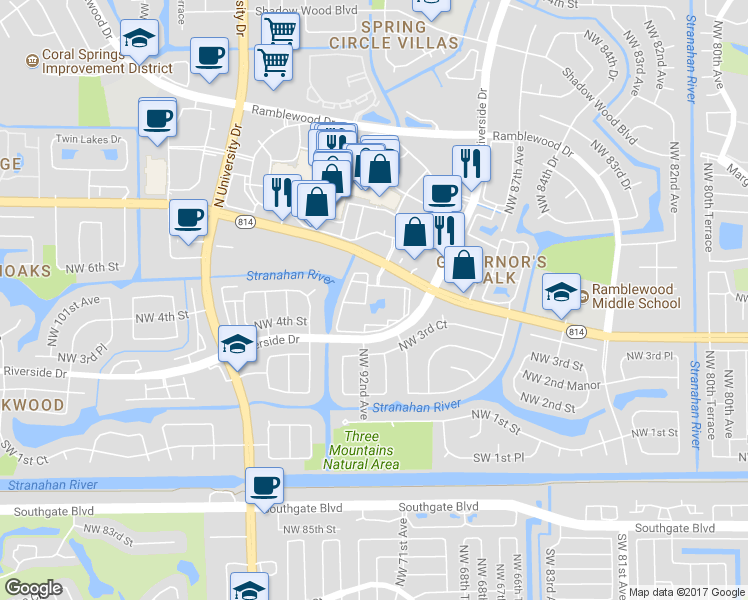 map of restaurants, bars, coffee shops, grocery stores, and more near 9000 West Atlantic Boulevard in Coral Springs