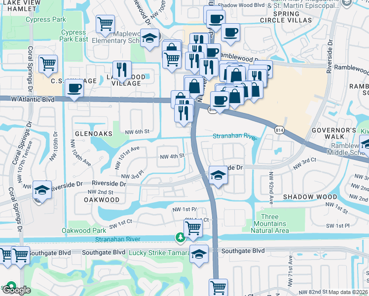 map of restaurants, bars, coffee shops, grocery stores, and more near 411 Northwest 97th Lane in Coral Springs