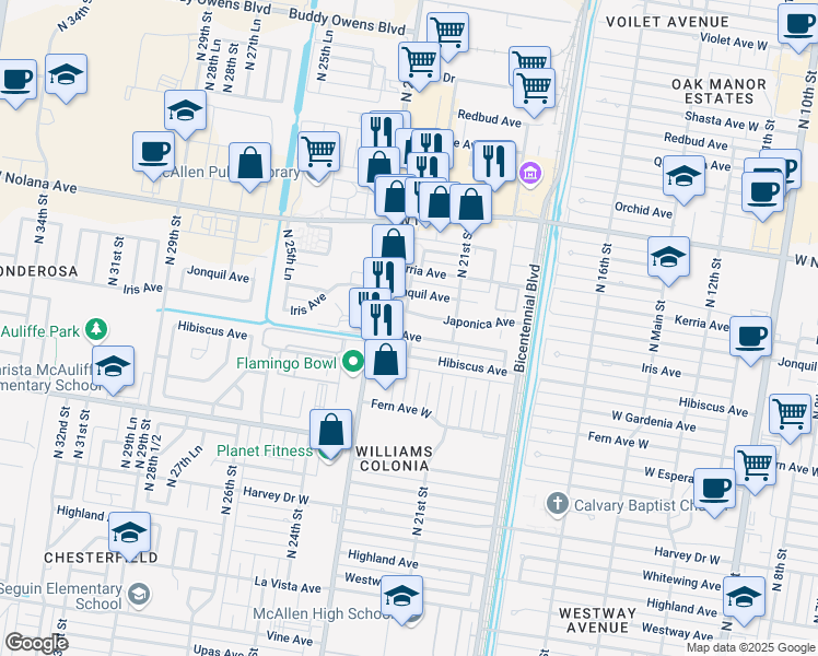 map of restaurants, bars, coffee shops, grocery stores, and more near 2125 West Iris Avenue in McAllen