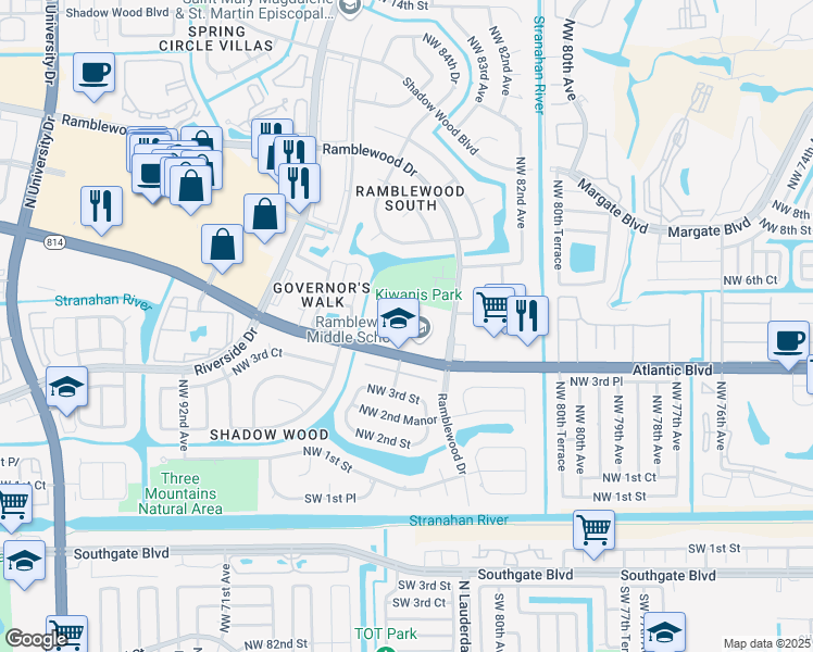 map of restaurants, bars, coffee shops, grocery stores, and more near 8505 West Atlantic Boulevard in Coral Springs