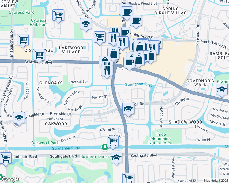 map of restaurants, bars, coffee shops, grocery stores, and more near 333 North University Drive in Coral Springs