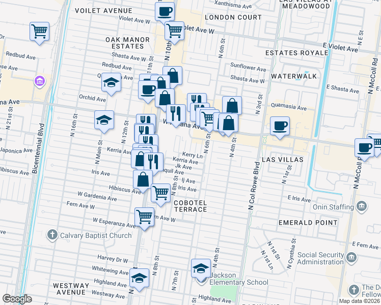map of restaurants, bars, coffee shops, grocery stores, and more near 704 Kerry Lane in McAllen