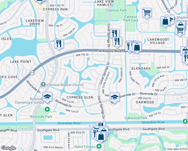 map of restaurants, bars, coffee shops, grocery stores, and more near 10885 Northwest 4th Street in Coral Springs