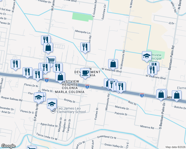 map of restaurants, bars, coffee shops, grocery stores, and more near 1104 Mesquite Drive in Palmview