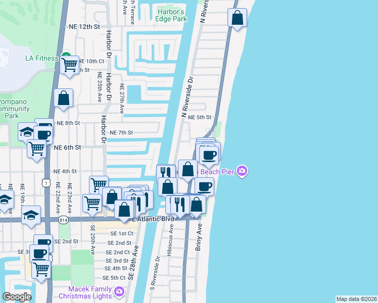 map of restaurants, bars, coffee shops, grocery stores, and more near 301 North Ocean Boulevard in Pompano Beach