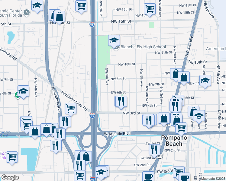 map of restaurants, bars, coffee shops, grocery stores, and more near 521 Northwest 9th Avenue in Pompano Beach