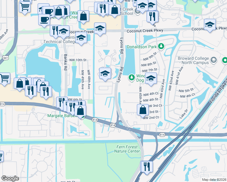 map of restaurants, bars, coffee shops, grocery stores, and more near 520 Northwest 47th Avenue in Coconut Creek
