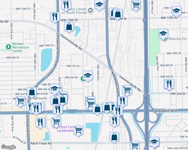 map of restaurants, bars, coffee shops, grocery stores, and more near 517 Northwest 16th Avenue in Pompano Beach