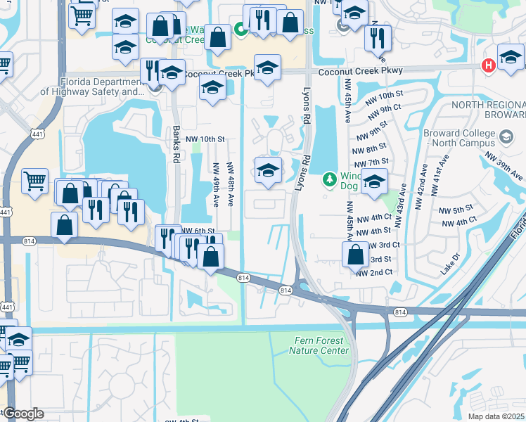 map of restaurants, bars, coffee shops, grocery stores, and more near 4736 Northwest 5th Court in Coconut Creek