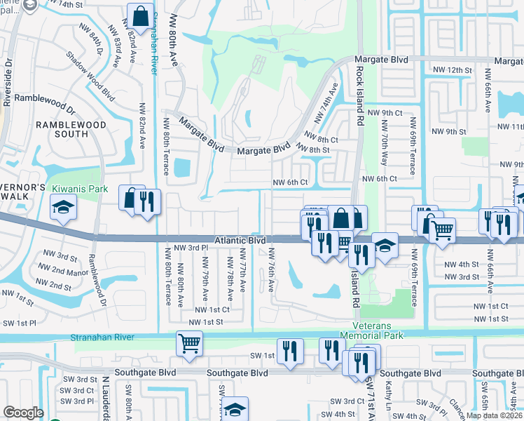 map of restaurants, bars, coffee shops, grocery stores, and more near 601 Northwest 76th Terrace in Margate