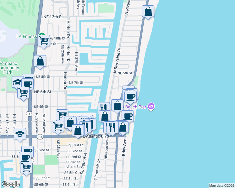 map of restaurants, bars, coffee shops, grocery stores, and more near 201 Jimmy Buffett Memorial Highway in Pompano Beach