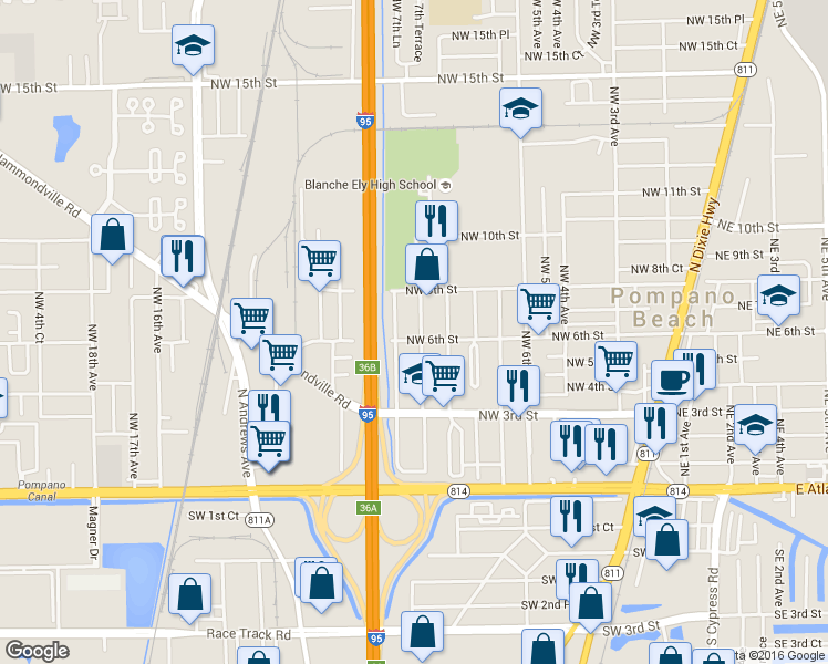 map of restaurants, bars, coffee shops, grocery stores, and more near 521 Northwest 9th Avenue in Pompano Beach