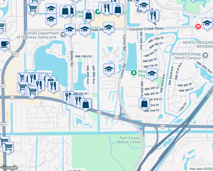 map of restaurants, bars, coffee shops, grocery stores, and more near 4736 Northwest 5th Court in Coconut Creek