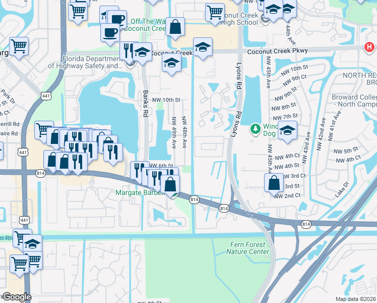 map of restaurants, bars, coffee shops, grocery stores, and more near 641 Northwest 48th Avenue in Coconut Creek