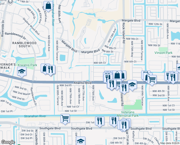 map of restaurants, bars, coffee shops, grocery stores, and more near 40 Northwest 76th Terrace in Margate