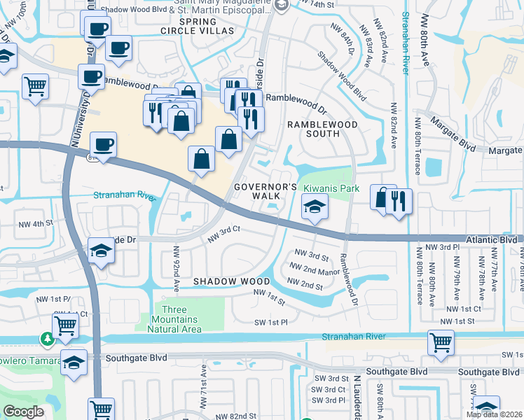 map of restaurants, bars, coffee shops, grocery stores, and more near 8729 Northwest 4th Street in Coral Springs