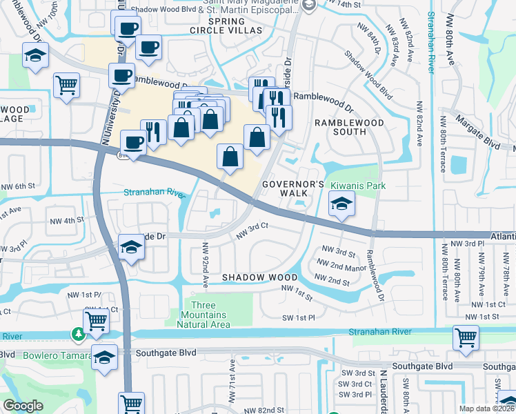 map of restaurants, bars, coffee shops, grocery stores, and more near 8933 Northwest 3rd Court in Coral Springs