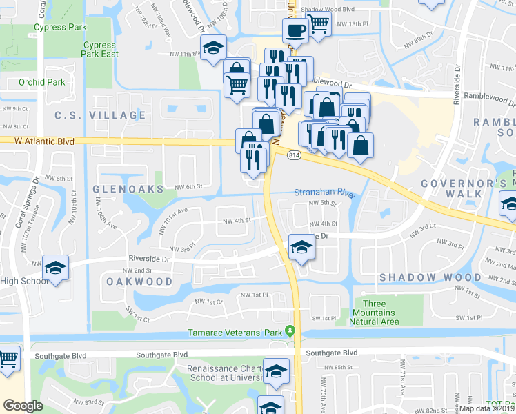 map of restaurants, bars, coffee shops, grocery stores, and more near 411 Northwest 97th Lane in Coral Springs