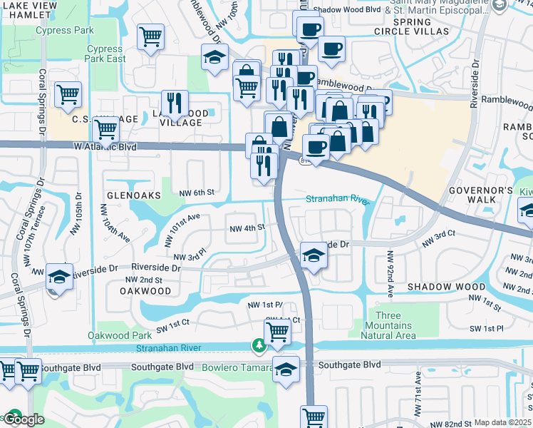 map of restaurants, bars, coffee shops, grocery stores, and more near 411 Northwest 97th Lane in Coral Springs