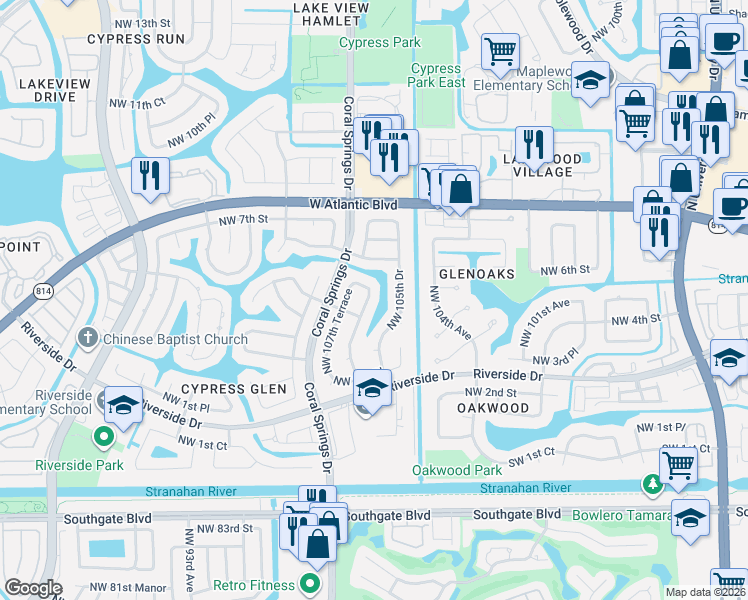 map of restaurants, bars, coffee shops, grocery stores, and more near 447 Northwest 107th Avenue in Coral Springs