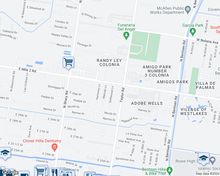map of restaurants, bars, coffee shops, grocery stores, and more near 3103 Melody Lane in Mission