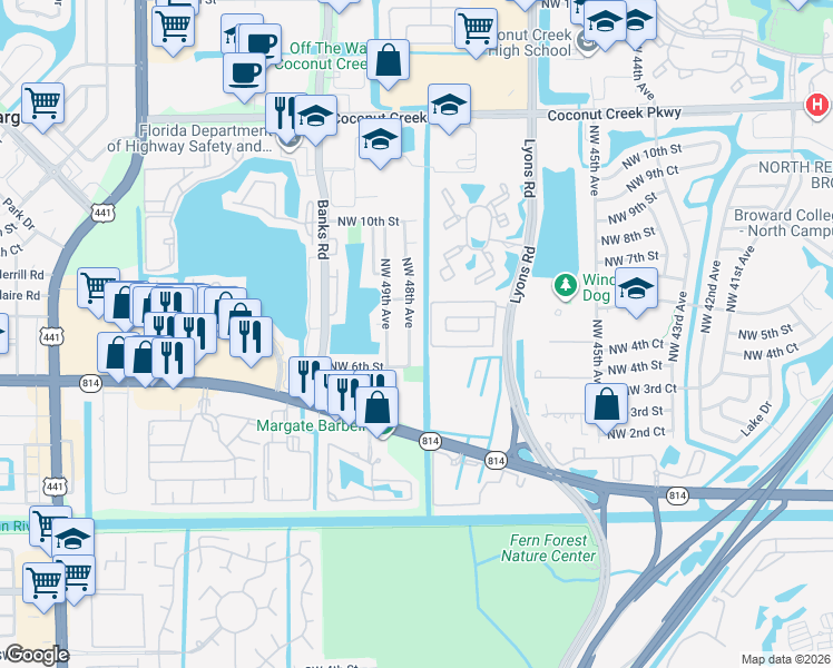 map of restaurants, bars, coffee shops, grocery stores, and more near 641 Northwest 48th Avenue in Coconut Creek