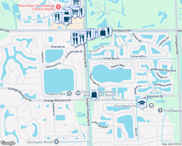 map of restaurants, bars, coffee shops, grocery stores, and more near 7600 Airport-Pulling Road in Naples