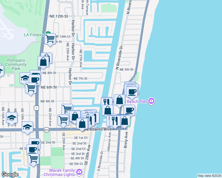 map of restaurants, bars, coffee shops, grocery stores, and more near 299 North Riverside Drive in Pompano Beach
