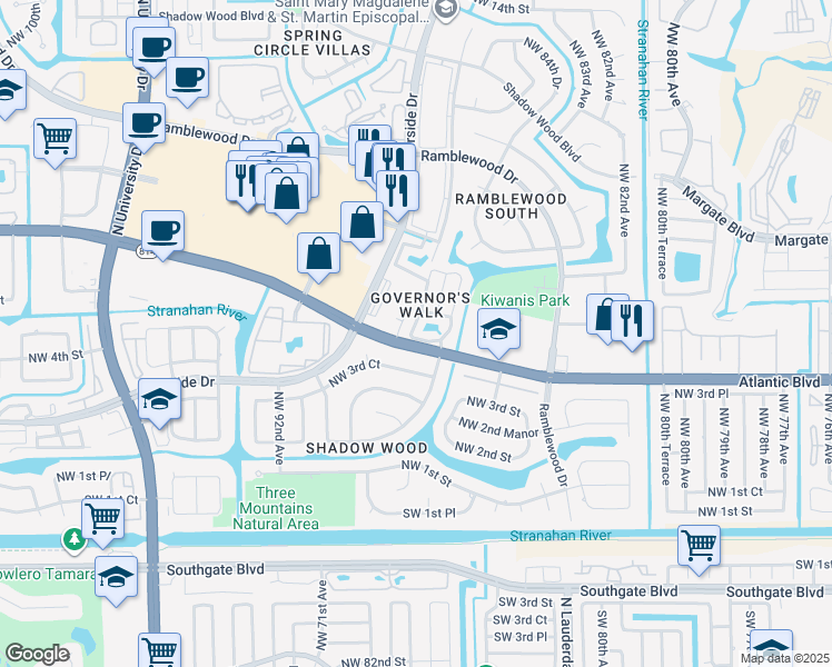 map of restaurants, bars, coffee shops, grocery stores, and more near 8729 Northwest 4th Street in Coral Springs