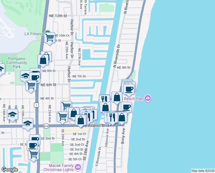 map of restaurants, bars, coffee shops, grocery stores, and more near 299 North Riverside Drive in Pompano Beach
