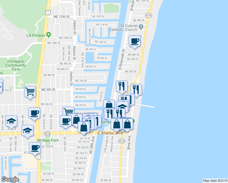 map of restaurants, bars, coffee shops, grocery stores, and more near 299 North Riverside Drive in Pompano Beach