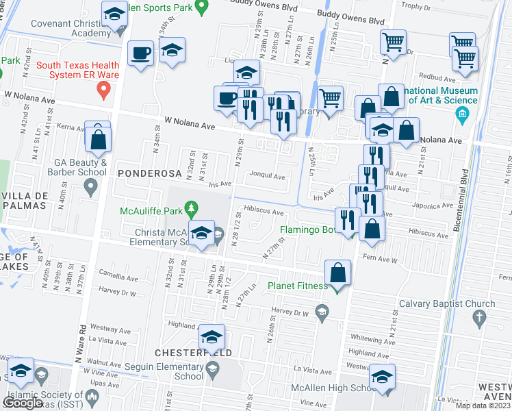 map of restaurants, bars, coffee shops, grocery stores, and more near 2808 West Hibiscus Avenue in McAllen