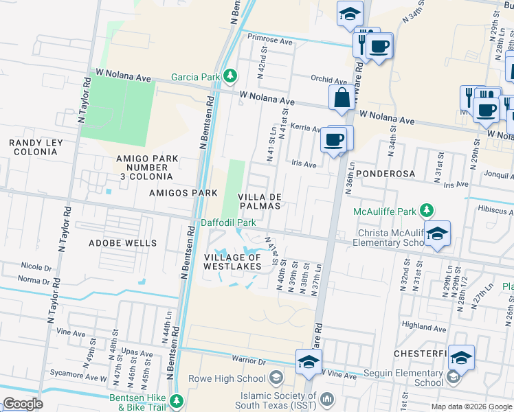 map of restaurants, bars, coffee shops, grocery stores, and more near 4120 West Esperanza Avenue in McAllen