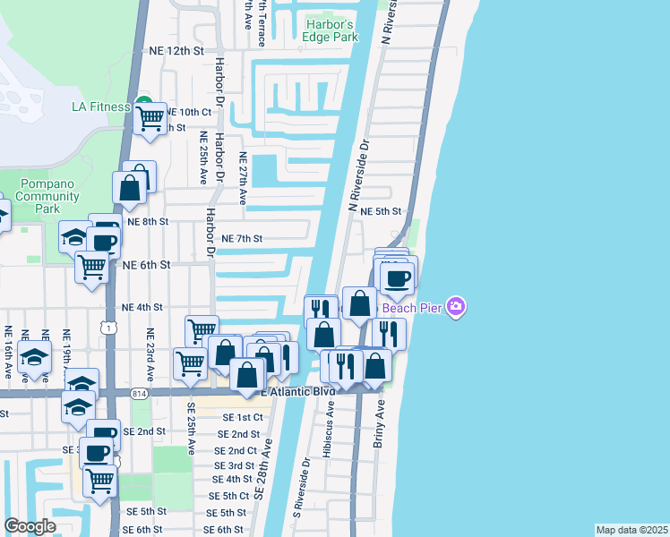 map of restaurants, bars, coffee shops, grocery stores, and more near 299 North Riverside Drive in Pompano Beach