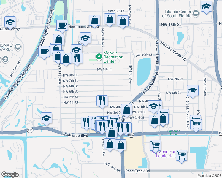 map of restaurants, bars, coffee shops, grocery stores, and more near 2651 Northwest 5th Street in Pompano Beach