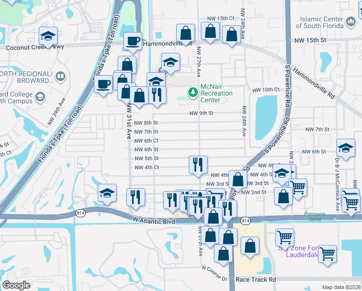 map of restaurants, bars, coffee shops, grocery stores, and more near 2768 Northwest 6th Street in Pompano Beach